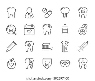 Set of Minimal Dentist Dental Clinic Vector Line Icons. 