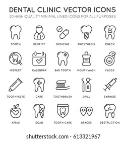 Set of Minimal Dentist Dental Clinic Vector Line Icons. Perfect Pixel. Thin Stroke. 48x48. 