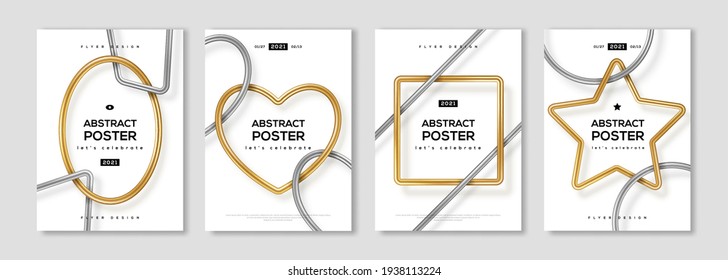 Set von minimalen Design-Plakaten, Rahmen-Template-Layout mit 3D Gold- und Silbermetall-Formen, Randelemente. Vektorgrafik. Platz für Text. Broschüren Cover Konzept, Voucher Typografie Vorlage.