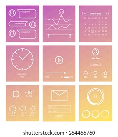 Set of minimal design UI and UX elements for website and mobile app design. Mobile widgets collection. Weather, multimedia, player, message, calendar, clock interfaces.