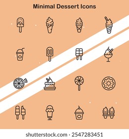 Set von minimalen Dessert-Icons, die süße Leckereien und Süßigkeiten darstellen, die sich für Speisen und kulinarische Themen eignen.