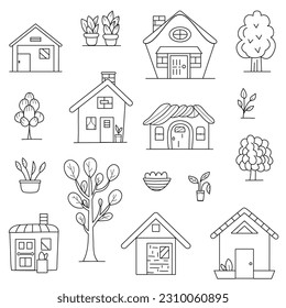 Set of minimal doodle houses and trees. Vector illustration isolated on white background.