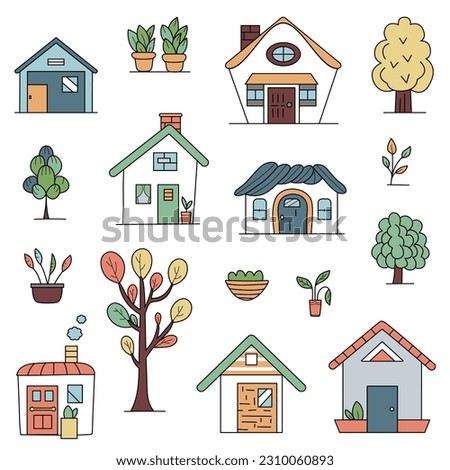 Set of minimal doodle houses and trees. Vector illustration isolated on white background.