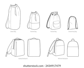 Set of minimal, drawstring backpacks silhouette bags. Fashion accessory technical illustration. Vector schoolbag front 3-4 view for Men, women, unisex style, flat handbag CAD mockup sketch isolated