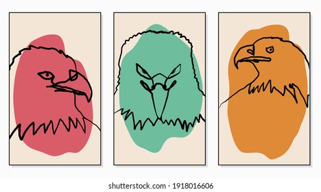 set of minimal eagle abstract childish hand drawing continuous lines face for posters, hanging wall, wallpaper, texture, banner, label, card etc. modern hipster style vector design.