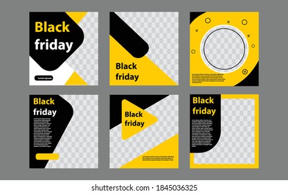 Set of minimal editable square banner templates Black and yellow background color with stripes line.