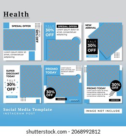 Set of minimal editable square banner templates. The background color is sky blue and white with stripes. Suitable for social media posts and health-related web internet advertisements. 