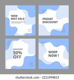 Set of minimal editable square banner templates. Blue background color with waving abstract shapes. Suitable for social media posts and web internet advertising.