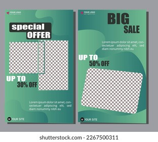Set of minimal editable square banner templates. Blue and green color background with striped shapes. Suitable for social media posts and web internet advertising