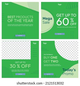 Set of minimal editable square social media templates. Green background template with abstract shapes. Suitable for social media posts, advertisements, web and promotions. EPS 10