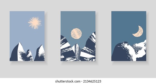 Set of minimal elegant wall decor posters. Landscape design with mountains, sun, moon and grunge texture. Creative templates for cards, posters, covers, labels, home decor.