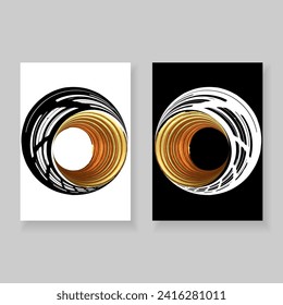 Set of minimal elegant wall decor posters. Black, white and gold brush strokes with grunge texture in the shape of circle. Creative templates for parties, cards, posters, covers, labels, home decor.