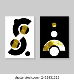 Set of minimal elegant wall decor posters. Black, white and gold geometric shapes with grunge texture. Creative templates for parties, cards, posters, covers, home decor. Vector.
​