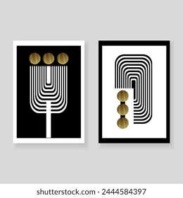 Set of minimal elegant wall decor posters. Black, white and gold geometric shapes made of lines and circles with grunge texture. Creative templates for parties, cards, posters, covers, home decor. 