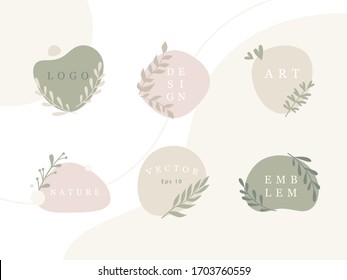 Set Of Minimal Emblems With Organic Abstract Shapes And Leaves In Pastel Colors. Fashion Collection. Vector Design Template For Logo, Tag, Emblem, Etc.