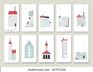 Set of minimal european houses - hand drawn ink textures - can be used in your design - stock vector