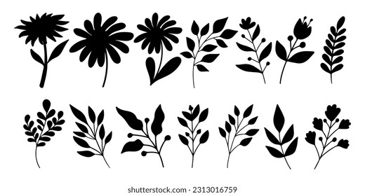 Set of minimal feminine botanical floral branch in silhouette style. Hand drawn wedding herb, minimalistic flowers with elegant leaves.