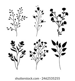 Set minimal feminine botanical floral branch in silhouette style. Vector trendy wedding greenery