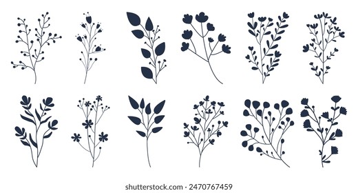 Set minimal feminine botanical floral branch in silhouette style. Vector trendy wedding greenery