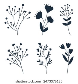 Set minimal feminine botanical floral branch in silhouette style. Vector trendy wedding greenery