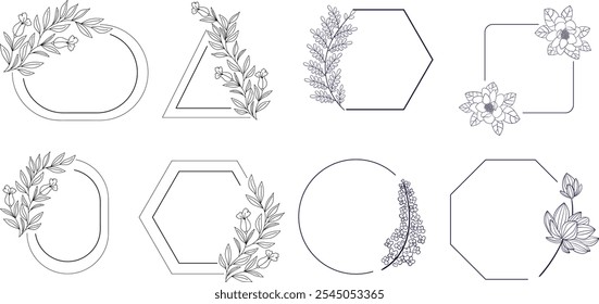 Conjunto de moldura floral mínima feminina botânica ou logotipo com flores da moda. Erva de casamento desenhada à mão, planta caseira com folhas elegantes. Vetor verde moderno rústico botânico.