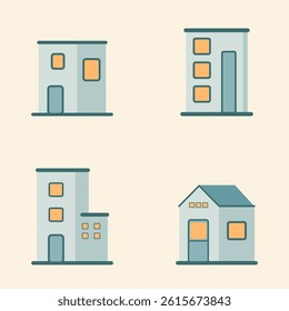 Set of minimal flat house icons in soft blue tones with yellow windows and beige background