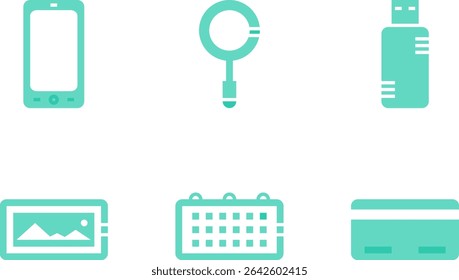 Conjunto de ícones planos mínimos representando smartphone, lupa, unidade USB, imagem, calendário e cartão de crédito, perfeito para interface do usuário, aplicativos, sites e design de fluxo de trabalho digital.