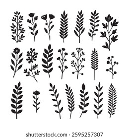A set of minimal floral branch silhouettes in a variety of types.