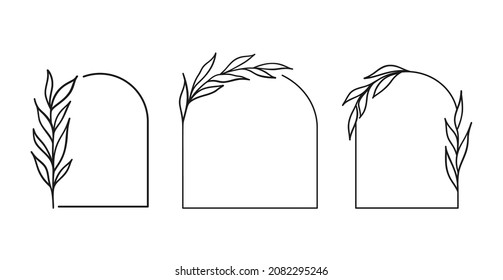 Set of minimal floral frames. Leaves in an arc shape. Vector hand-drawn line art graphics.