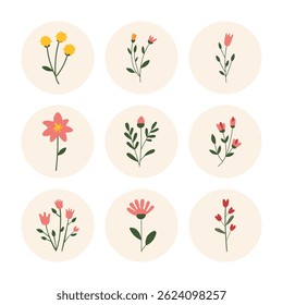 Set of minimal floral icons in round frames. Flat botanical elements with hand-drawn flowers and leaves, perfect for eco design, stickers, branding, packaging, and spring themes.