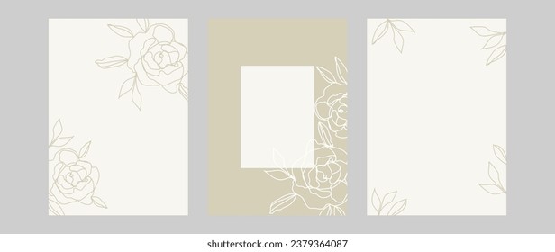 Set of minimal floral templates. Vector background of hand drawn roses and petals, flower and leaf branch in pastel colors, with place for text. Botanical design suitable for banner, cover, wedding	