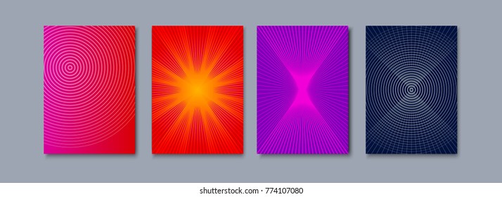 Set minimal flyers design. Geometric halftone gradients. Background with color lines. Hipster cards. Vector illustration