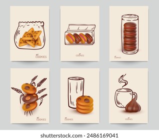 Set of minimal food composition with cookie, macaroon, marshmallow and doodle drawn elements. Background for branding banner, card, poster. Vector illustration.