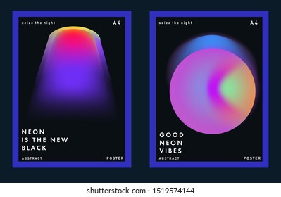 Set of minimal futuristic posters for music party with gradient vivid colorful blurry spots. Neon ultraviolet lights on dark background.