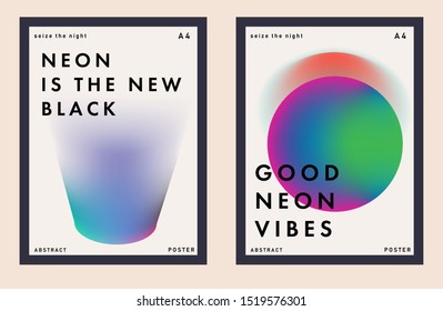 Set of minimal futuristic posters for music party with gradient vivid colorful blurry spots. Neon ultraviolet lights on white background.