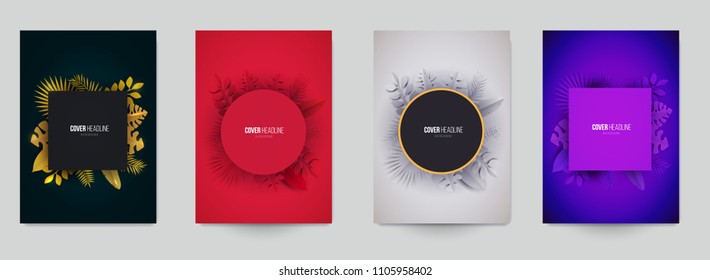 Set of minimal geometric background with tropical leafs in paper cut style, design for branding, advertising. Template for covers, invitations, posters, banners, flyers, placards. Vector illustration.