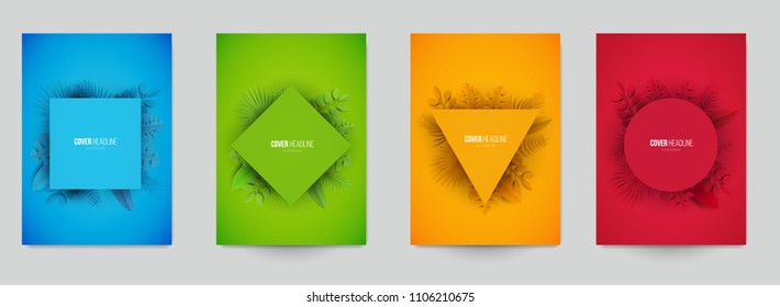 Set of minimal geometric background with tropical leafs in paper cut style, design for branding, advertising. Template for covers, invitations, posters, banners, flyers, placards. Vector illustration.