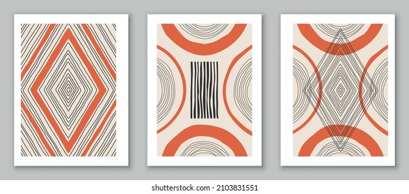 Conjunto de fondos geométricos mínimos. Diseño de afiches, decoración de paredes, cubierta. Plantilla de vector con formas simples con pinturas manuales EPS10