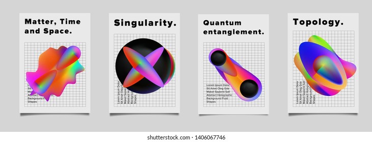 Set of minimal geometric bright futuristic vector posters for science event. Vibrant fluid neon holographic 3d shapes in oily rainbow chromatic colors, Vaporwave/ retrowave neon style design template.