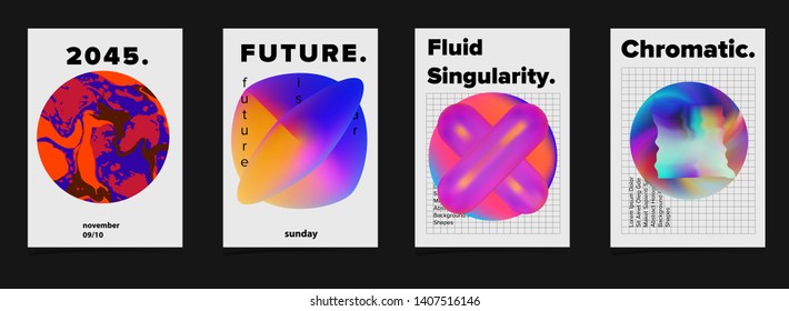 Set of minimal geometric bright futuristic vector posters for science event. Vibrant fluid neon holographic 3d shapes in oily rainbow chromatic colors, Vaporwave/ retrowave neon style design template.