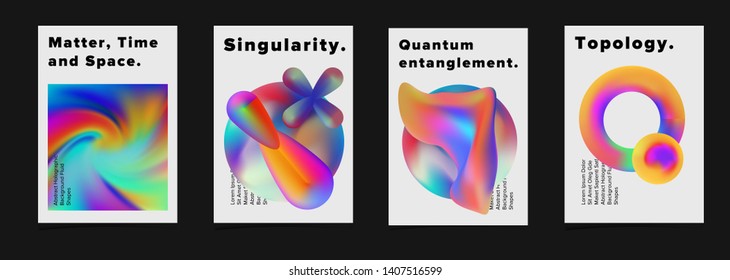 Set of minimal geometric bright futuristic vector posters for science event. Vibrant fluid neon holographic 3d shapes in oily rainbow chromatic colors, Vaporwave/ retrowave neon style design template.