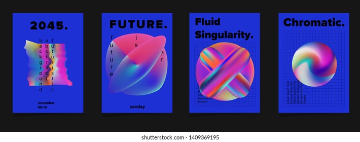 Set of minimal geometric bright futuristic vector posters for science event. Vibrant fluid neon holographic 3d shapes in oily rainbow chromatic colors, Vaporwave/ retrowave neon style design template.