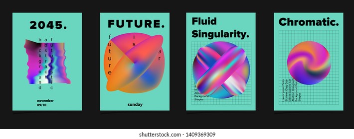 Set of minimal geometric bright futuristic vector posters for science event. Vibrant fluid neon holographic 3d shapes in oily rainbow chromatic colors, Vaporwave/ retrowave neon style design template.