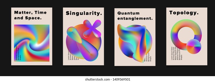 Set of minimal geometric bright futuristic vector posters for science event. Vibrant fluid neon holographic 3d shapes in oily rainbow chromatic colors, Vaporwave/ retrowave neon style design template.