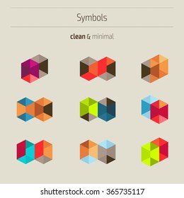 Set of minimal geometric colorful symbols. Trendy hipster icons and logotypes. Geometric, polygon, low poly shapes, polyhedron collection. Business signs, labels, badges, frames and borders