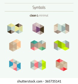 Set of minimal geometric colorful symbols. Trendy hipster icons and logotypes. Geometric, polygon, low poly shapes, polyhedron collection. Business signs, labels, badges, frames and borders