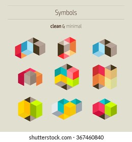 Set of minimal geometric colorful symbols. Trendy hipster icons and logotypes. Geometric, polygon, low poly shapes, polyhedron collection. Business signs, labels, badges, frames and borders