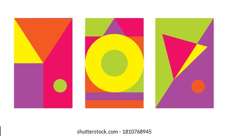 Set of minimal geometric design posters, vector template with primitive shapes elements, modern hipster style