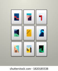 Conjunto de afiches de diseño geométrico mínimo. Arte en fotograma. Plantilla con elementos de formas primitivas, estilo hipster moderno. Ilustración vectorial. Aislado sobre fondo gris.