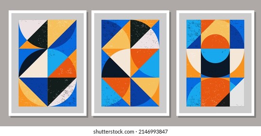 Set of minimal geometric design posters, vector template with primitive shapes